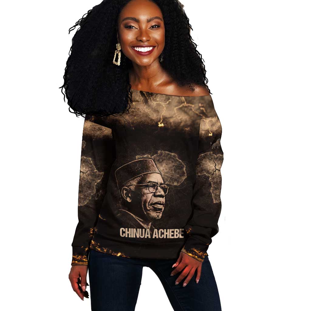 Chinua Achebe Off Shoulder Sweater with Sepia Portrait, Lion Historians Quote and Vintage African Map - Wonder Print Shop