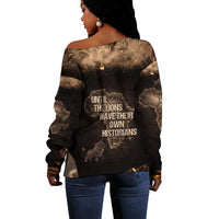 Chinua Achebe Off Shoulder Sweater with Sepia Portrait, Lion Historians Quote and Vintage African Map - Wonder Print Shop