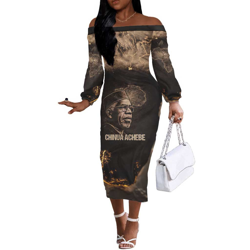 Chinua Achebe Off The Shoulder Long Sleeve Dress with Sepia Portrait, Lion Historians Quote and Vintage African Map - Wonder Print Shop