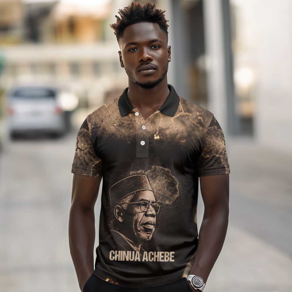 Chinua Achebe Polo Shirt with Sepia Portrait, Lion Historians Quote and Vintage African Map - Wonder Print Shop