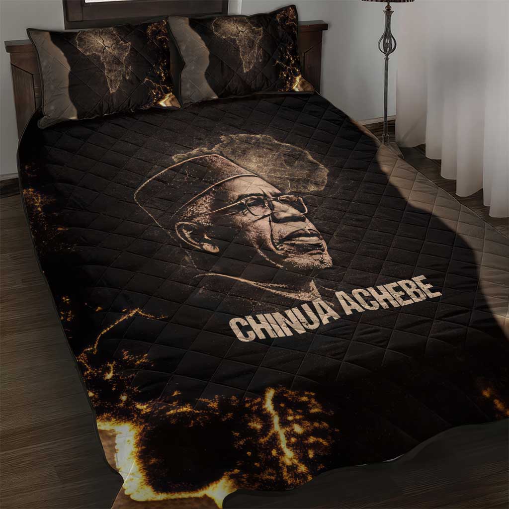 Chinua Achebe Quilt Bed Set with Sepia Portrait, Lion Historians Quote and Vintage African Map - Wonder Print Shop