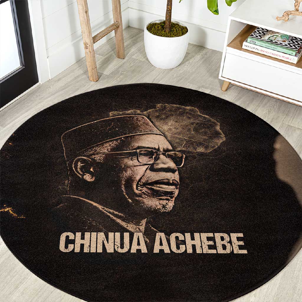 Chinua Achebe Round Carpet with Sepia Portrait, Lion Historians Quote and Vintage African Map - Wonder Print Shop