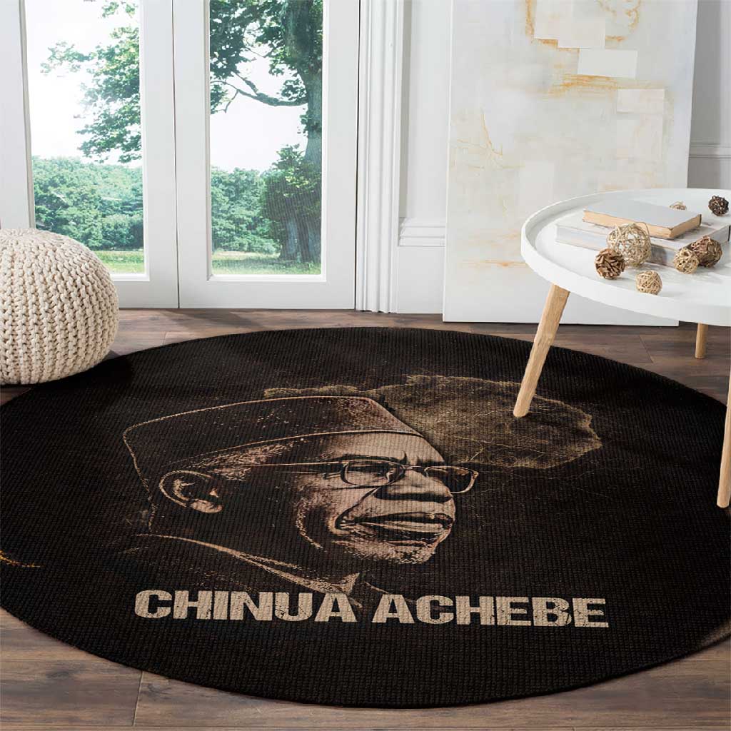 Chinua Achebe Round Carpet with Sepia Portrait, Lion Historians Quote and Vintage African Map - Wonder Print Shop