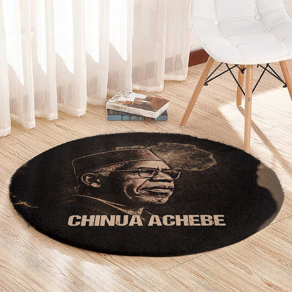 Chinua Achebe Round Carpet with Sepia Portrait, Lion Historians Quote and Vintage African Map - Wonder Print Shop