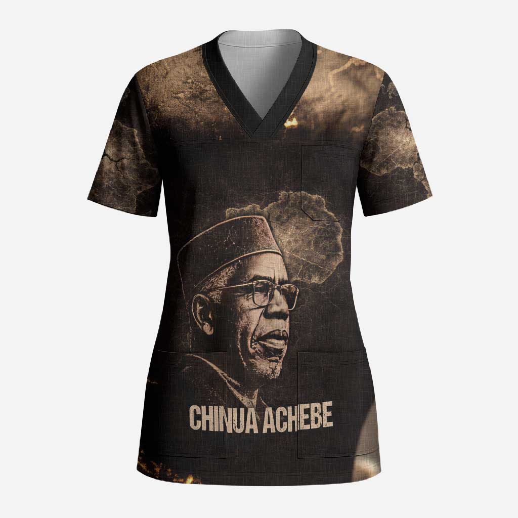 Chinua Achebe Scrub Top with Sepia Portrait, Lion Historians Quote and Vintage African Map - Wonder Print Shop