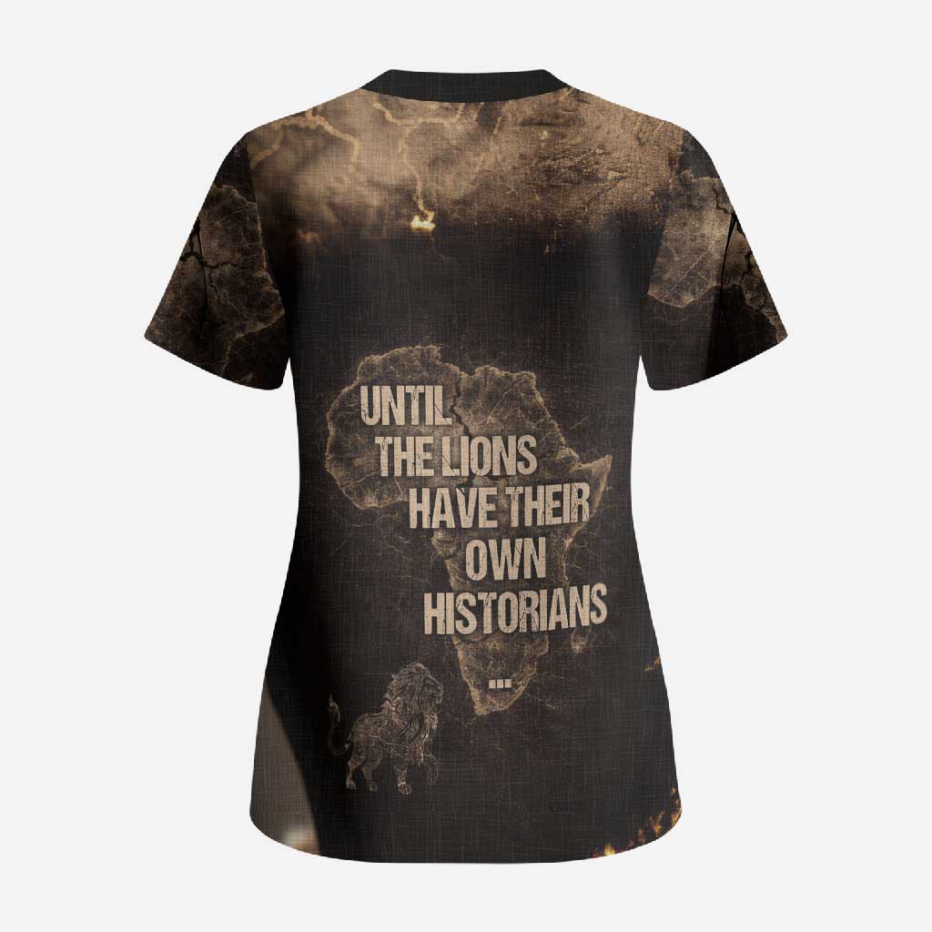 Chinua Achebe Scrub Top with Sepia Portrait, Lion Historians Quote and Vintage African Map - Wonder Print Shop