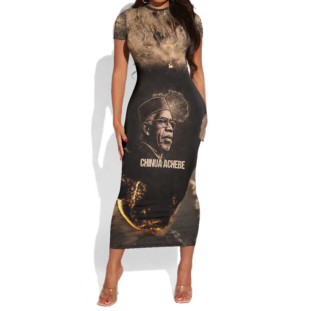 Chinua Achebe Short Sleeve Bodycon Dress with Sepia Portrait, Lion Historians Quote and Vintage African Map - Wonder Print Shop