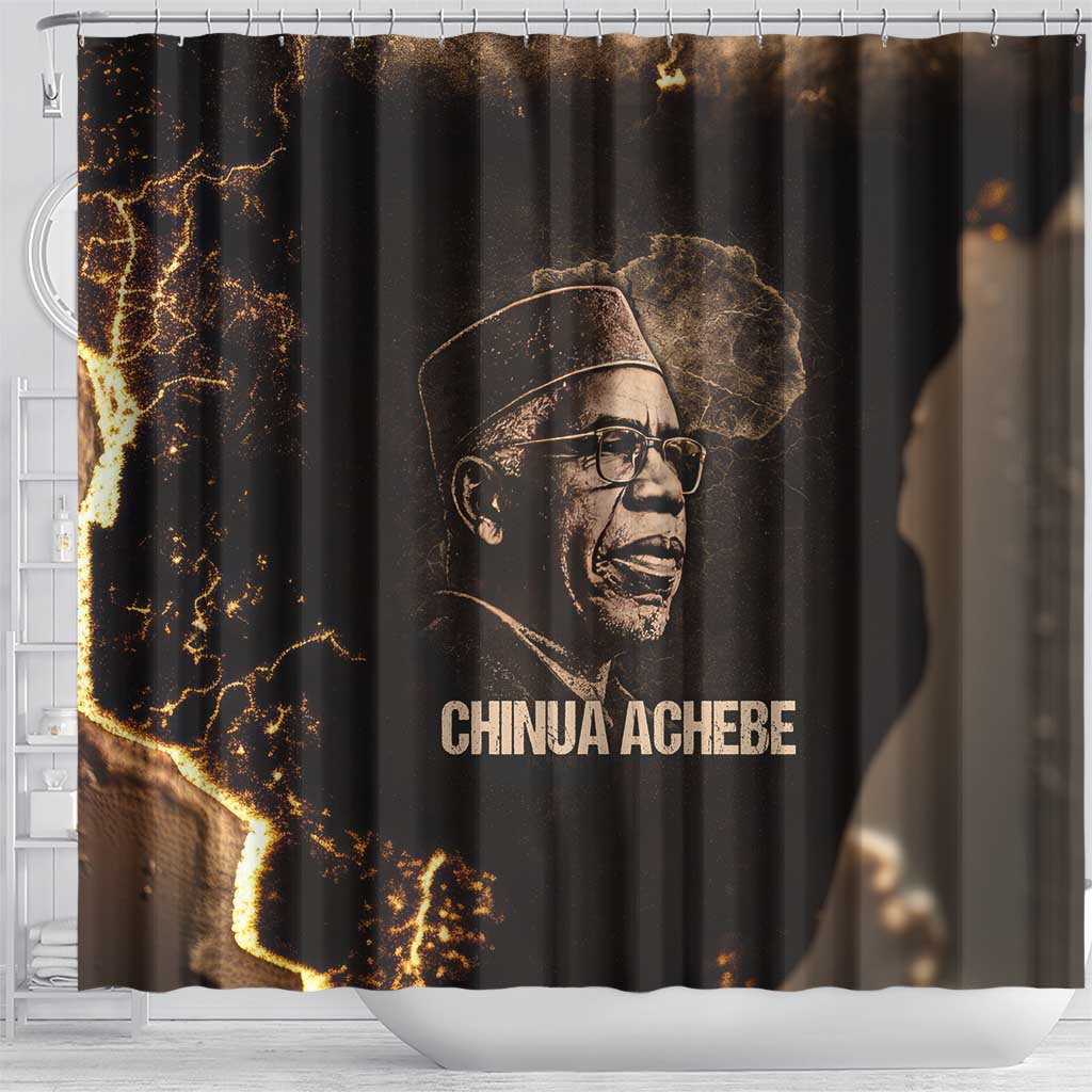 Chinua Achebe Shower Curtain with Sepia Portrait, Lion Historians Quote and Vintage African Map - Wonder Print Shop
