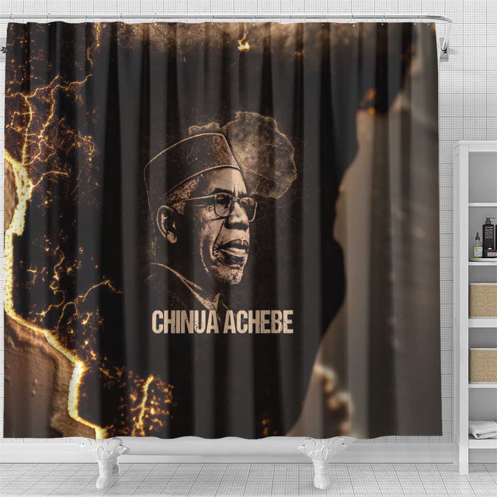Chinua Achebe Shower Curtain with Sepia Portrait, Lion Historians Quote and Vintage African Map - Wonder Print Shop