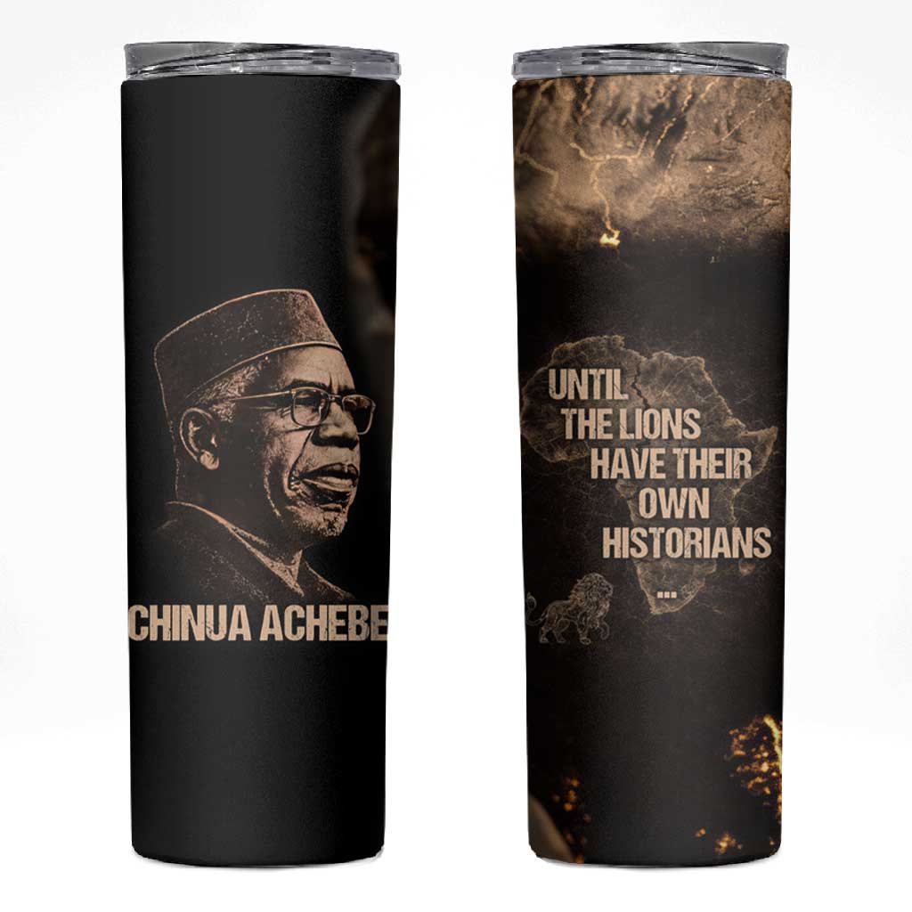 Chinua Achebe Skinny Tumbler with Sepia Portrait, Lion Historians Quote and Vintage African Map - Wonder Print Shop