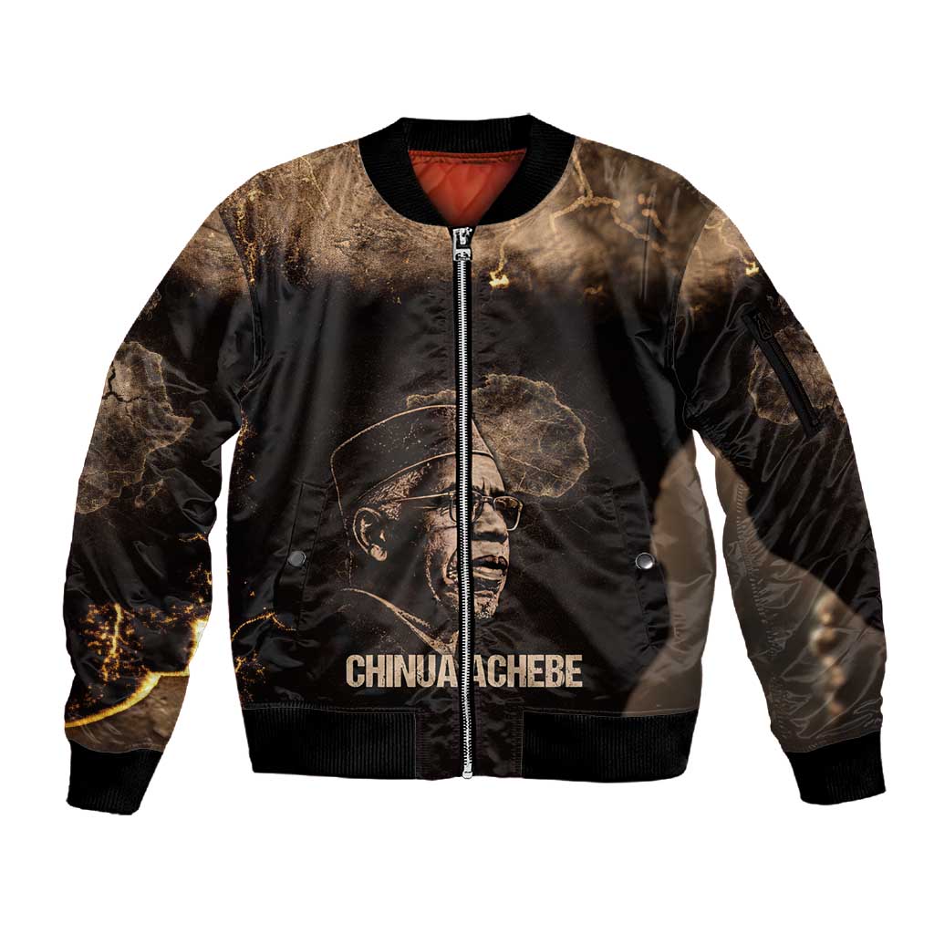 Chinua Achebe Sleeve Zip Bomber Jacket with Sepia Portrait, Lion Historians Quote and Vintage African Map - Wonder Print Shop