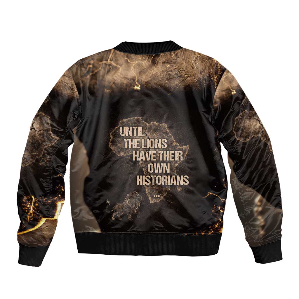 Chinua Achebe Sleeve Zip Bomber Jacket with Sepia Portrait, Lion Historians Quote and Vintage African Map - Wonder Print Shop