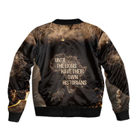 Chinua Achebe Sleeve Zip Bomber Jacket with Sepia Portrait, Lion Historians Quote and Vintage African Map - Wonder Print Shop