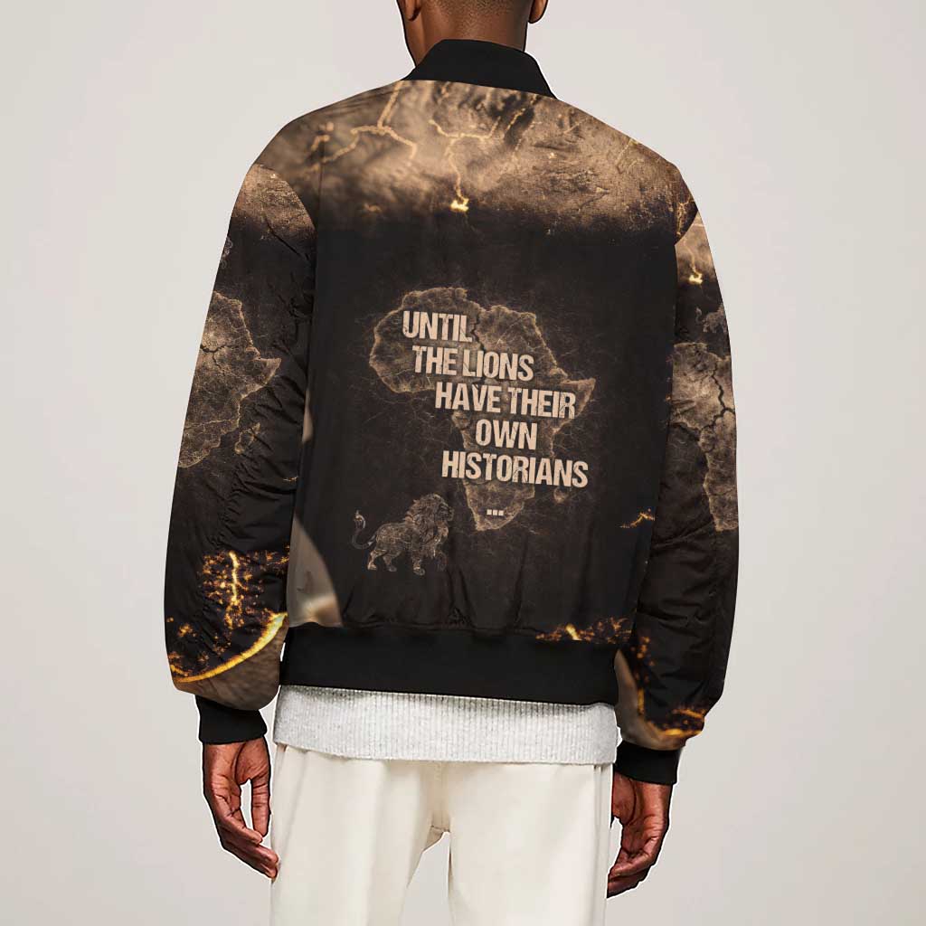 Chinua Achebe Sleeve Zip Bomber Jacket with Sepia Portrait, Lion Historians Quote and Vintage African Map - Wonder Print Shop