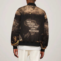 Chinua Achebe Sleeve Zip Bomber Jacket with Sepia Portrait, Lion Historians Quote and Vintage African Map - Wonder Print Shop