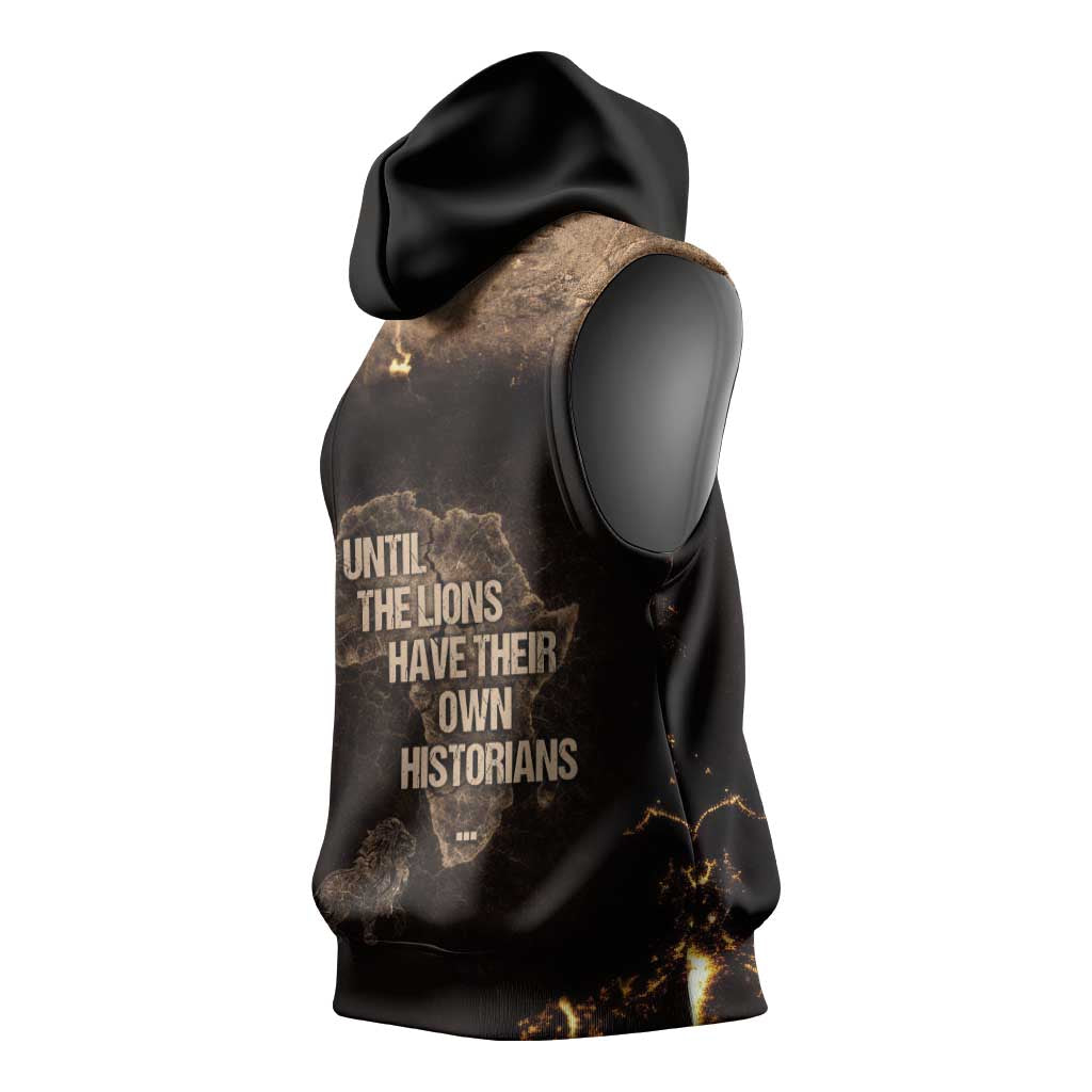 Chinua Achebe Sleeveless Hoodie with Sepia Portrait, Lion Historians Quote and Vintage African Map - Wonder Print Shop