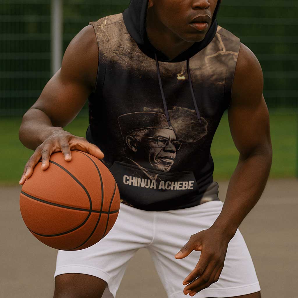 Chinua Achebe Sleeveless Hoodie with Sepia Portrait, Lion Historians Quote and Vintage African Map - Wonder Print Shop