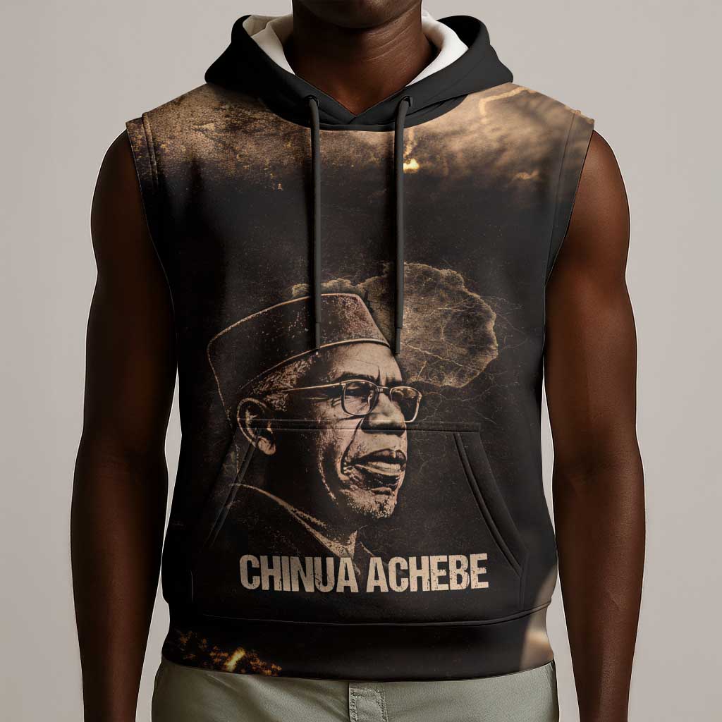Chinua Achebe Sleeveless Hoodie with Sepia Portrait, Lion Historians Quote and Vintage African Map - Wonder Print Shop