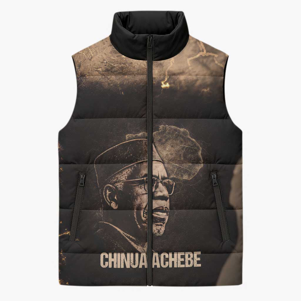 Chinua Achebe Sleeveless Puffer Jacket with Sepia Portrait, Lion Historians Quote and Vintage African Map - Wonder Print Shop