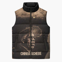 Chinua Achebe Sleeveless Puffer Jacket with Sepia Portrait, Lion Historians Quote and Vintage African Map - Wonder Print Shop