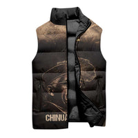 Chinua Achebe Sleeveless Puffer Jacket with Sepia Portrait, Lion Historians Quote and Vintage African Map - Wonder Print Shop