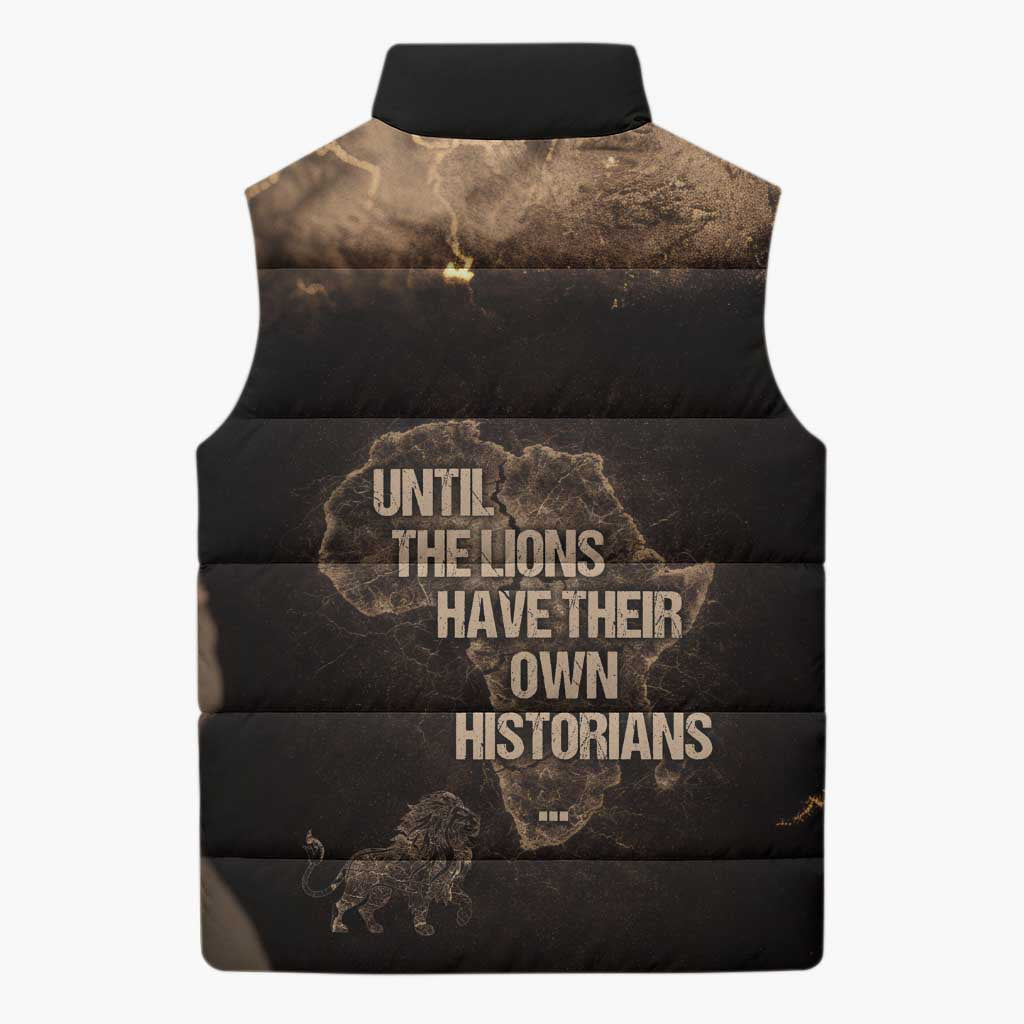 Chinua Achebe Sleeveless Puffer Jacket with Sepia Portrait, Lion Historians Quote and Vintage African Map - Wonder Print Shop