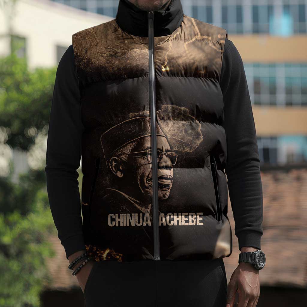 Chinua Achebe Sleeveless Puffer Jacket with Sepia Portrait, Lion Historians Quote and Vintage African Map - Wonder Print Shop