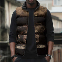 Chinua Achebe Sleeveless Puffer Jacket with Sepia Portrait, Lion Historians Quote and Vintage African Map - Wonder Print Shop