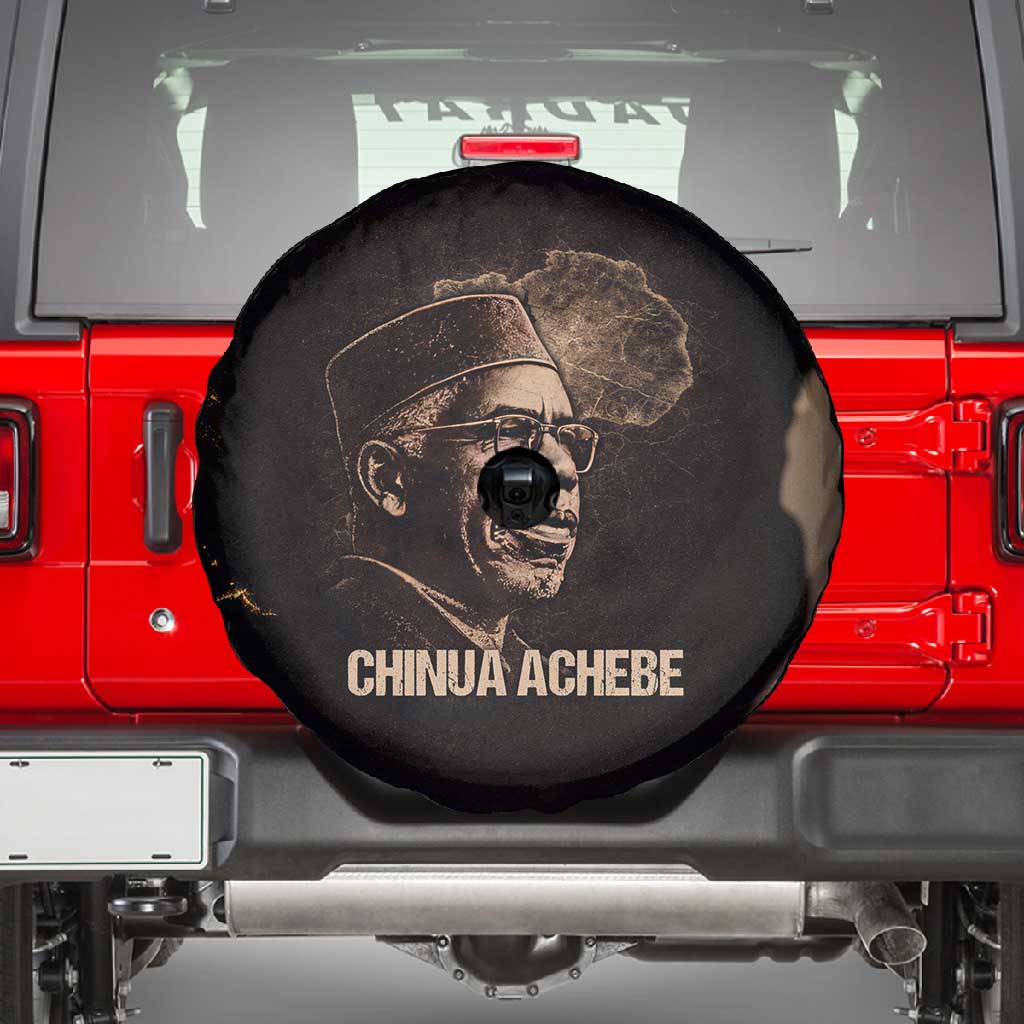 Chinua Achebe Spare Tire Cover with Sepia Portrait, Lion Historians Quote and Vintage African Map - Wonder Print Shop