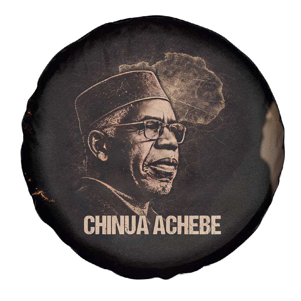 Chinua Achebe Spare Tire Cover with Sepia Portrait, Lion Historians Quote and Vintage African Map - Wonder Print Shop