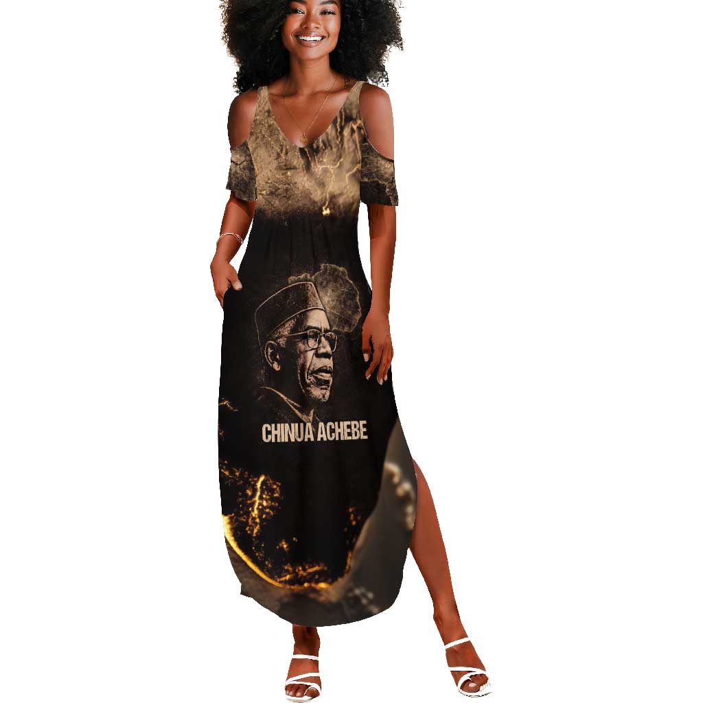 Chinua Achebe Summer Maxi Dress with Sepia Portrait, Lion Historians Quote and Vintage African Map - Wonder Print Shop