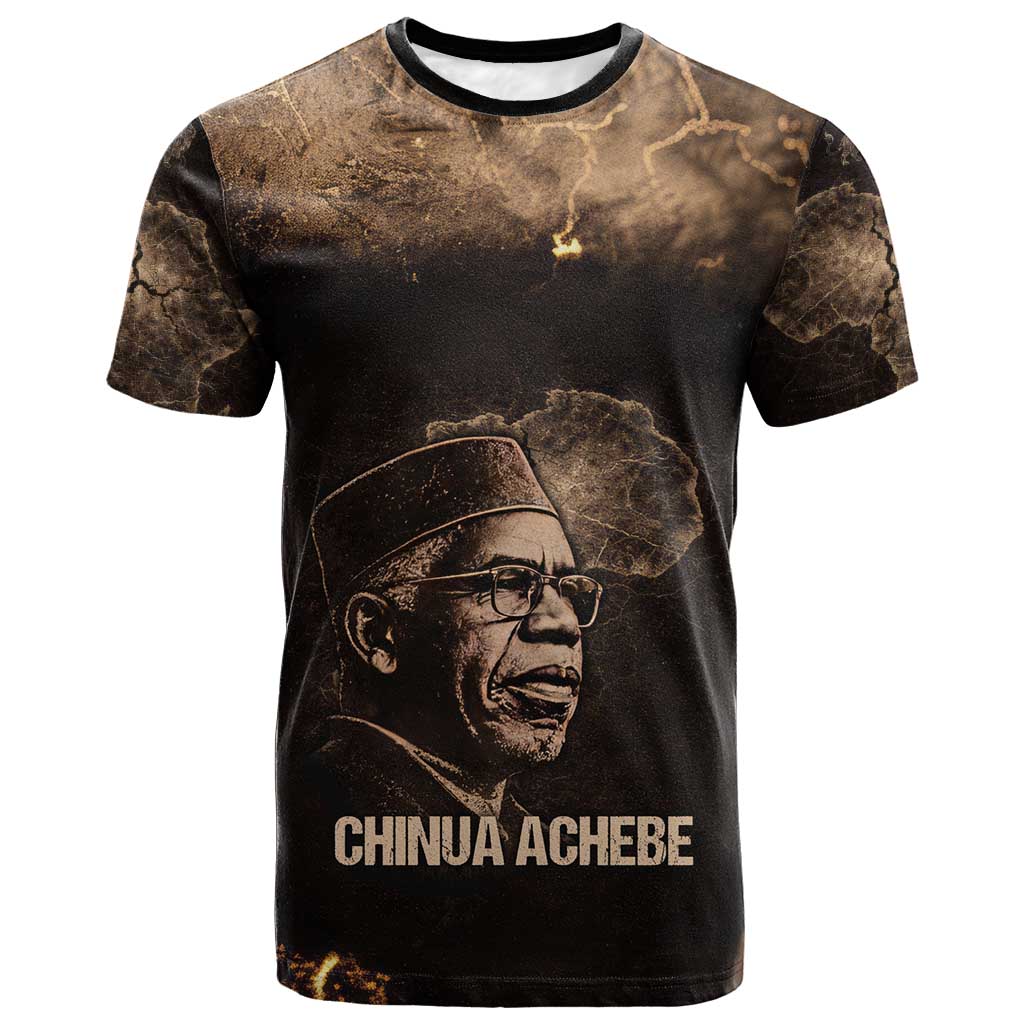 Chinua Achebe T shirt with Sepia Portrait, Lion Historians Quote and Vintage African Map - Wonder Print Shop