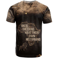 Chinua Achebe T shirt with Sepia Portrait, Lion Historians Quote and Vintage African Map - Wonder Print Shop