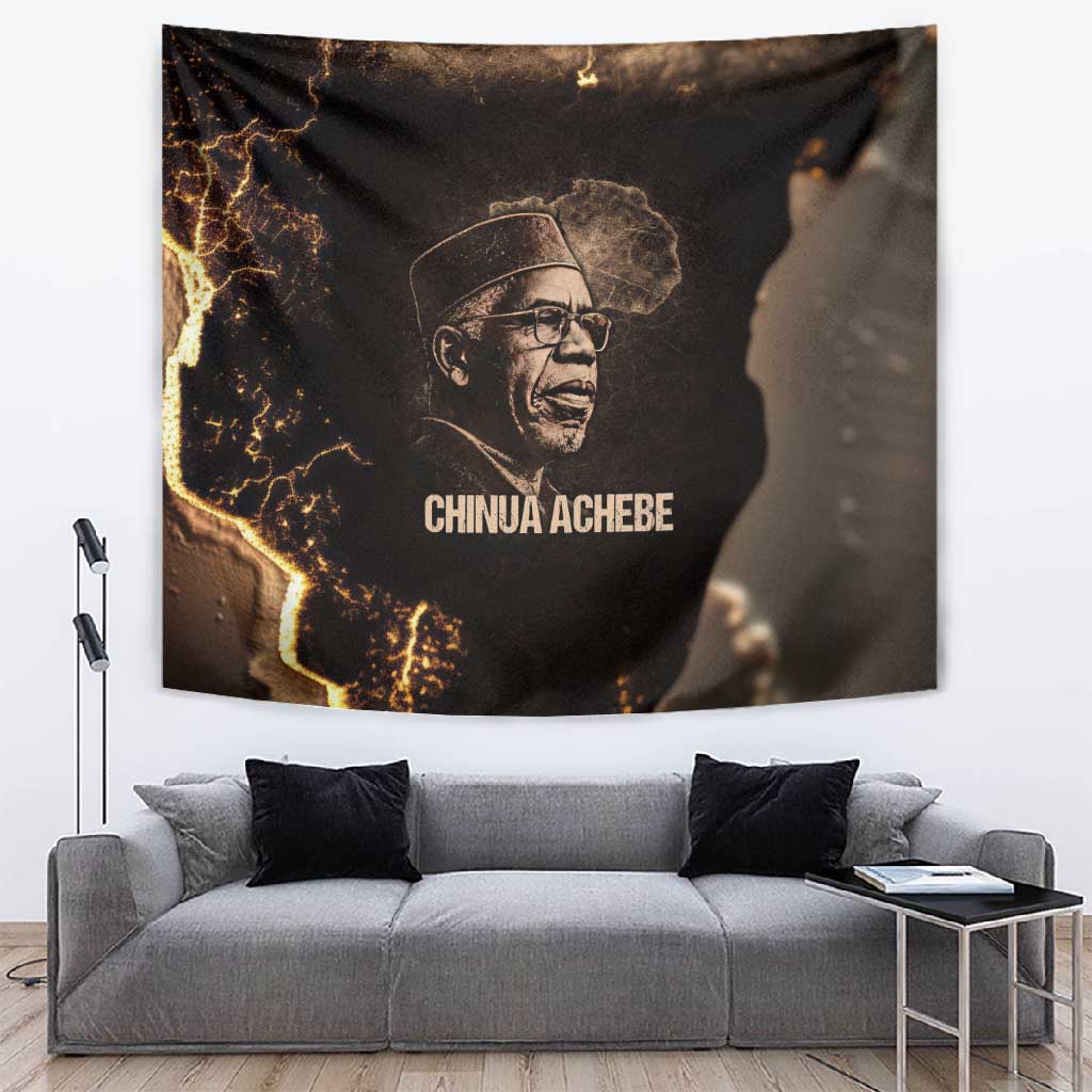Chinua Achebe Tapestry with Sepia Portrait, Lion Historians Quote and Vintage African Map - Wonder Print Shop