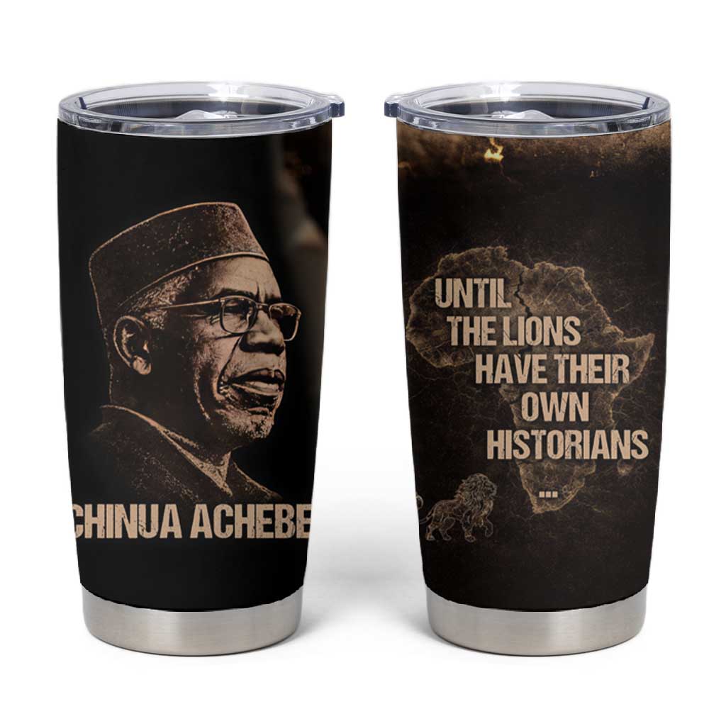 Chinua Achebe Tumbler Cup with Sepia Portrait, Lion Historians Quote and Vintage African Map - Wonder Print Shop