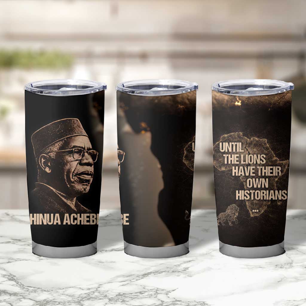 Chinua Achebe Tumbler Cup with Sepia Portrait, Lion Historians Quote and Vintage African Map - Wonder Print Shop