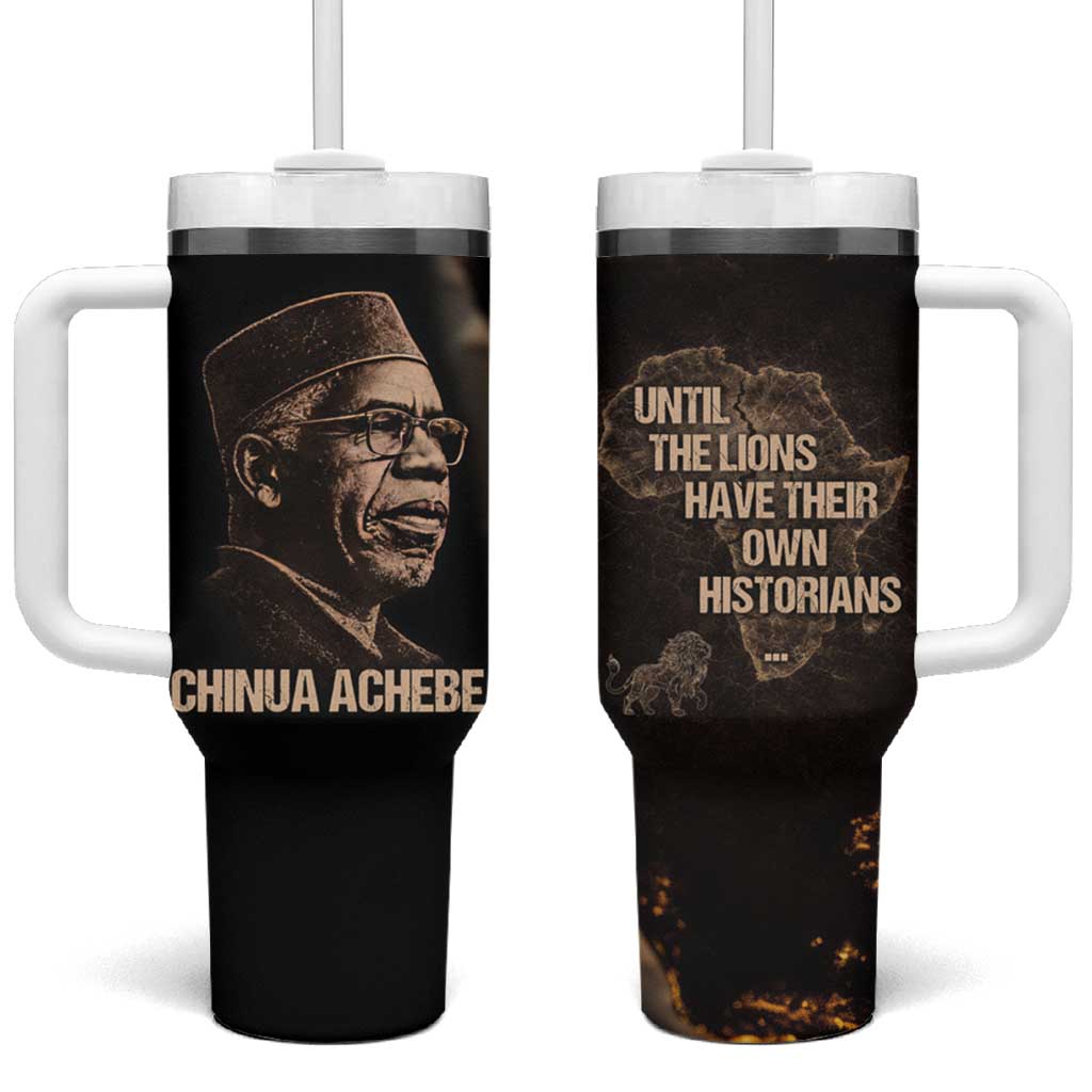 Chinua Achebe Tumbler With Handle with Sepia Portrait, Lion Historians Quote and Vintage African Map - Wonder Print Shop