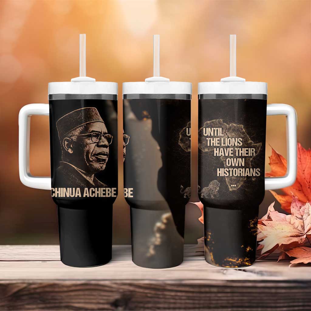 Chinua Achebe Tumbler With Handle with Sepia Portrait, Lion Historians Quote and Vintage African Map - Wonder Print Shop