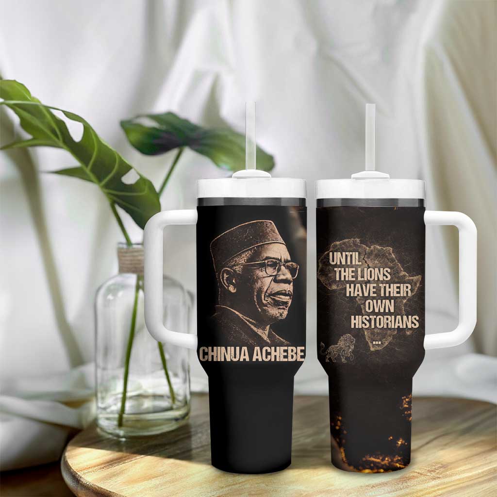 Chinua Achebe Tumbler With Handle with Sepia Portrait, Lion Historians Quote and Vintage African Map - Wonder Print Shop