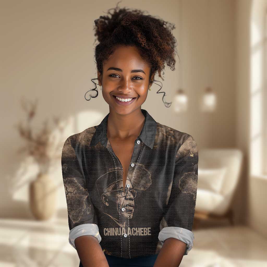 Chinua Achebe Women Casual Shirt with Sepia Portrait, Lion Historians Quote and Vintage African Map - Wonder Print Shop