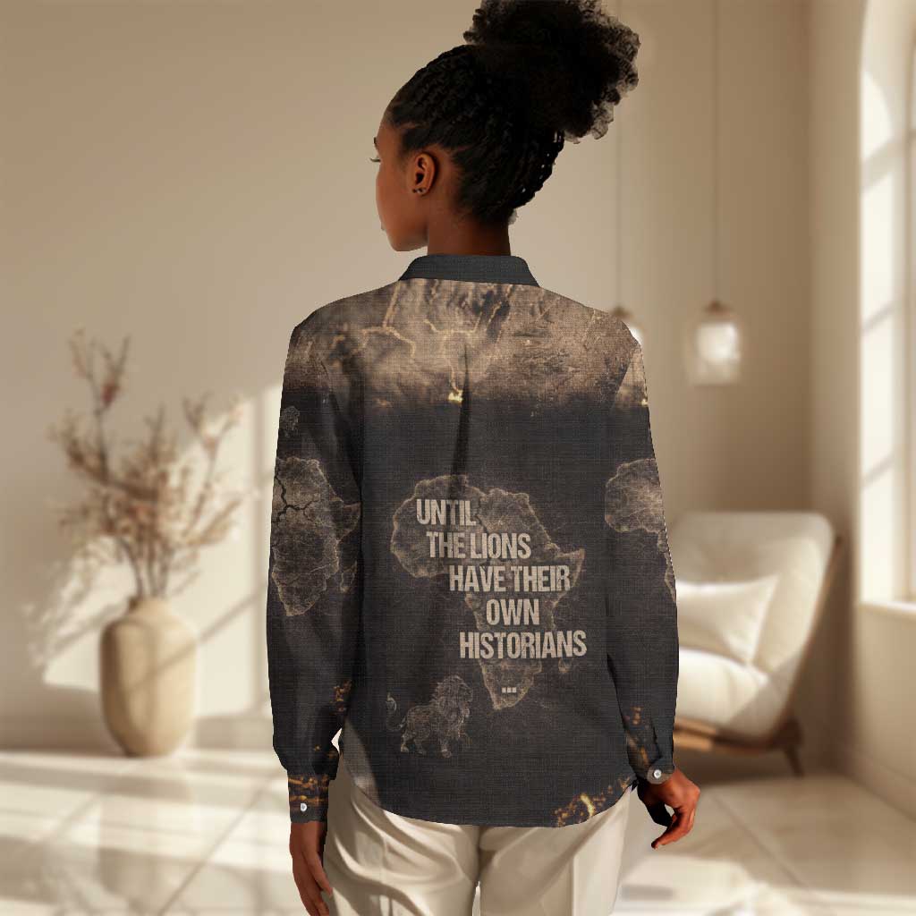 Chinua Achebe Women Casual Shirt with Sepia Portrait, Lion Historians Quote and Vintage African Map - Wonder Print Shop