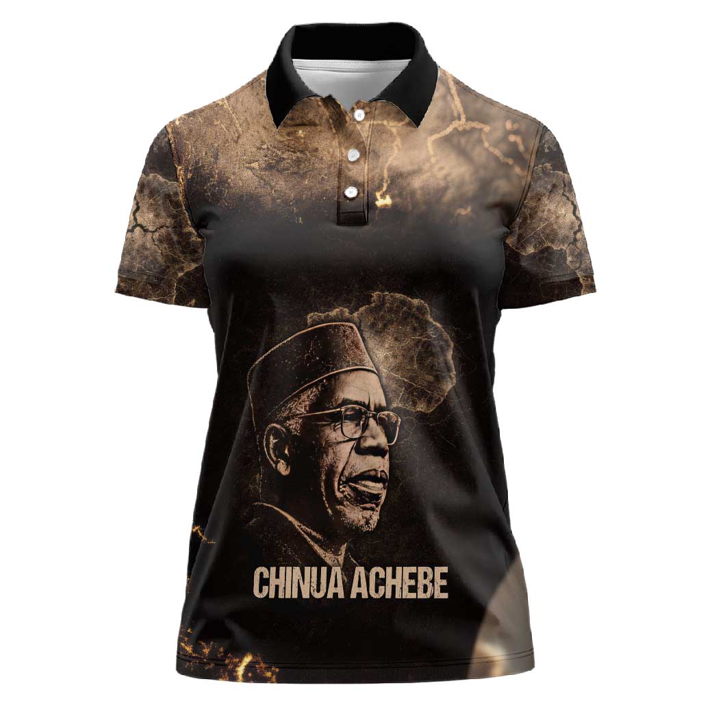 Chinua Achebe Women Polo Shirt with Sepia Portrait, Lion Historians Quote and Vintage African Map - Wonder Print Shop