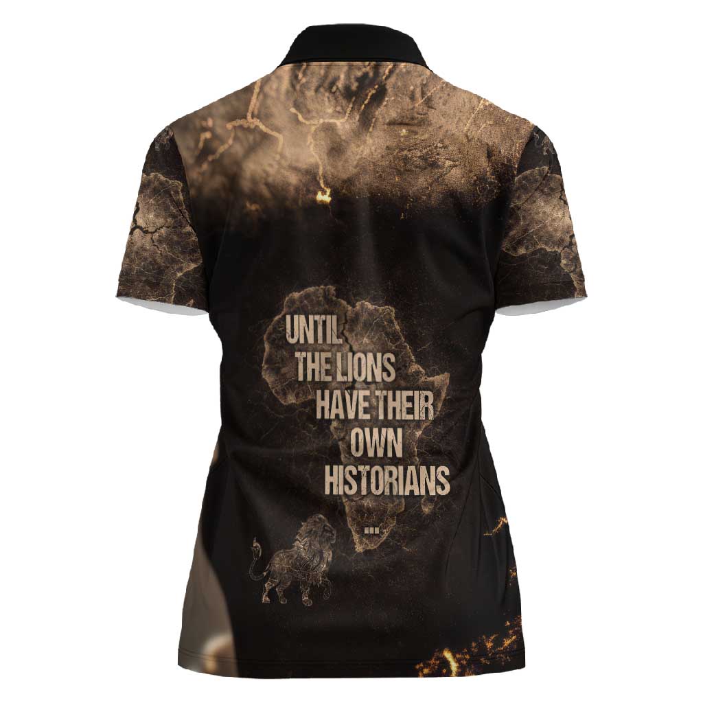 Chinua Achebe Women Polo Shirt with Sepia Portrait, Lion Historians Quote and Vintage African Map - Wonder Print Shop