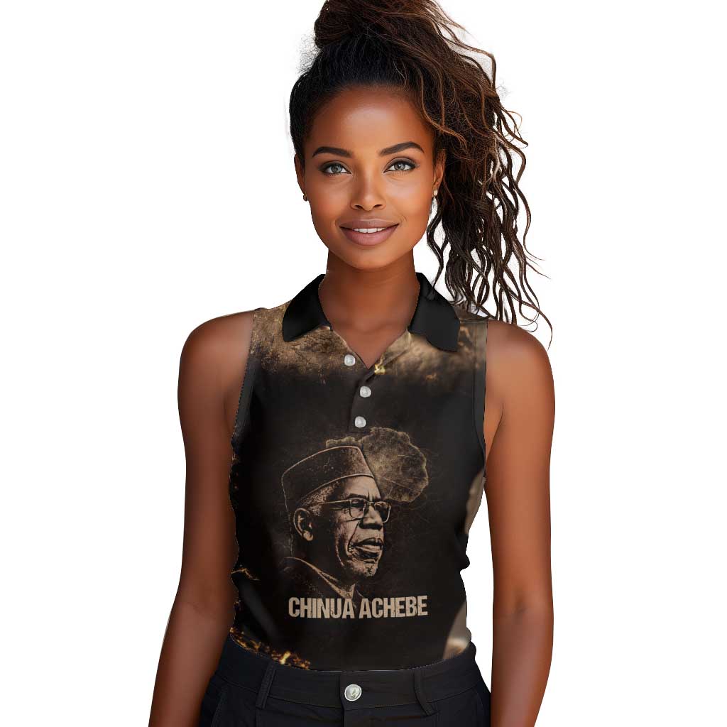Chinua Achebe Women Sleeveless Polo Shirt with Sepia Portrait, Lion Historians Quote and Vintage African Map - Wonder Print Shop