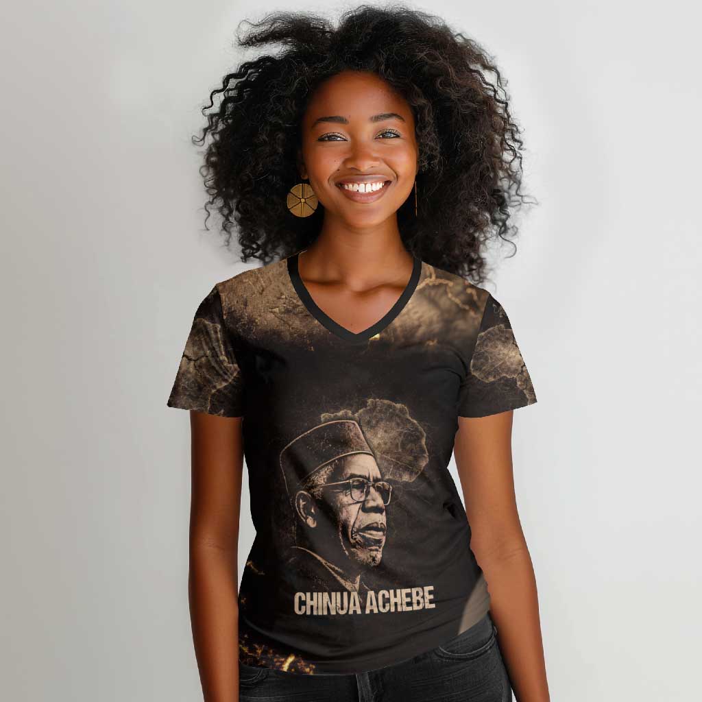 Chinua Achebe Women V-Neck T-Shirt with Sepia Portrait, Lion Historians Quote and Vintage African Map - Wonder Print Shop