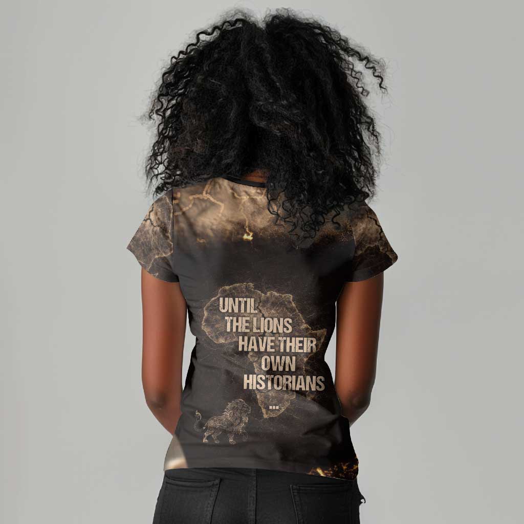 Chinua Achebe Women V-Neck T-Shirt with Sepia Portrait, Lion Historians Quote and Vintage African Map - Wonder Print Shop