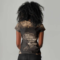 Chinua Achebe Women V-Neck T-Shirt with Sepia Portrait, Lion Historians Quote and Vintage African Map - Wonder Print Shop