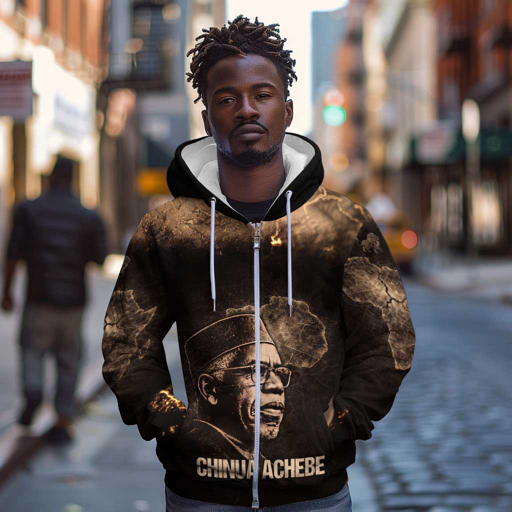 Chinua Achebe Zip Hoodie with Sepia Portrait, Lion Historians Quote and Vintage African Map - Wonder Print Shop