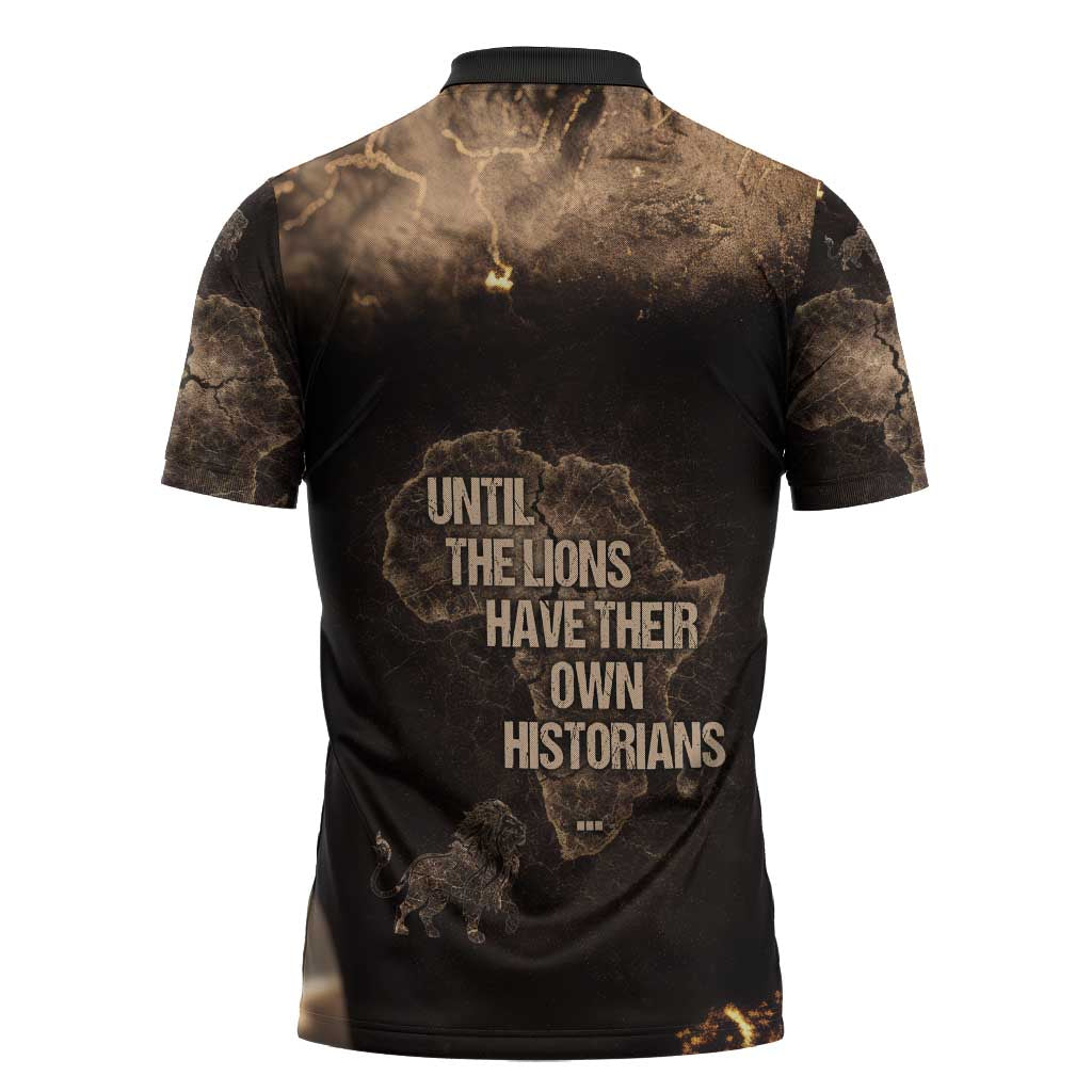 Chinua Achebe Zipper Polo Shirt with Sepia Portrait, Lion Historians Quote and Vintage African Map - Wonder Print Shop