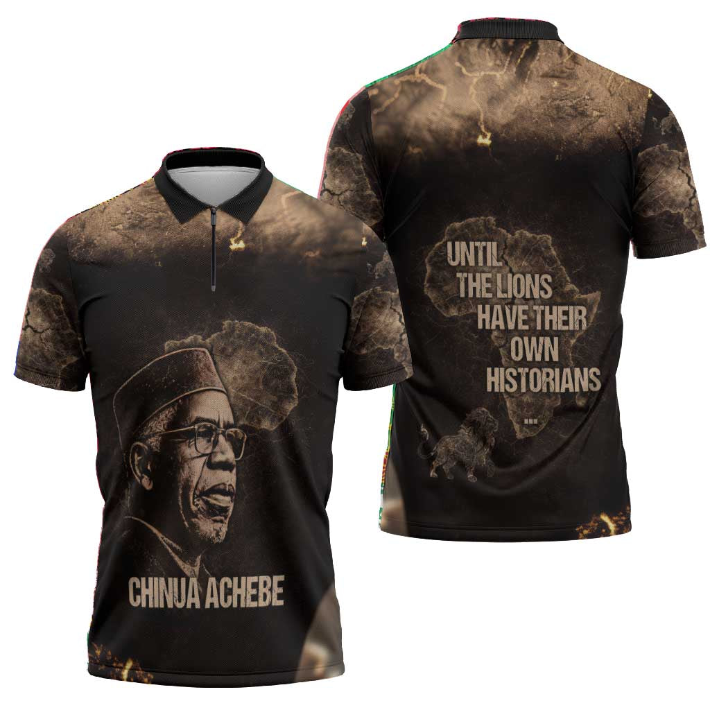Chinua Achebe Zipper Polo Shirt with Sepia Portrait, Lion Historians Quote and Vintage African Map - Wonder Print Shop